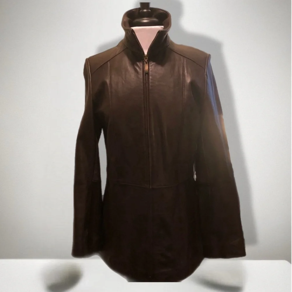 Lamb skin high quality dark brown soft leather - collared - zip front jacket - S - Picture 1 of 9